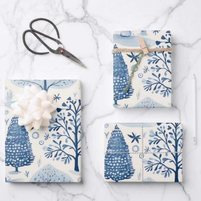 Winter Wonderland: Blue and White Christmas Tree Wrapping Paper Sheets (Front)