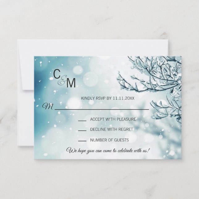 Winter Wonderland Blue Branch Snow Wedding RSVP Card (Front)