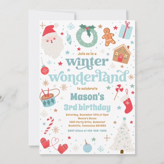 Winter Wonderland Blue Christmas Birthday Party Invitation (Front)