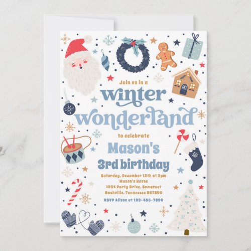 Winter Wonderland Blue Christmas Birthday Party Invitation