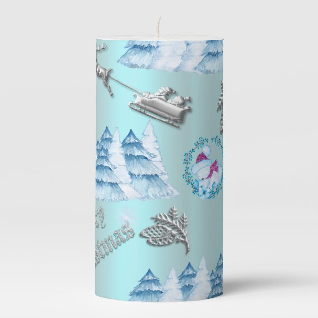 Winter Wonderland Blue Christmas Pillar Candle (Front)