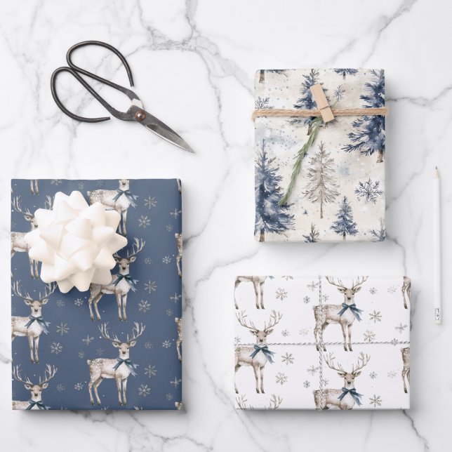 Winter Wonderland Blue Deer Snowflakes Christmas Wrapping Paper Sheets (Front)
