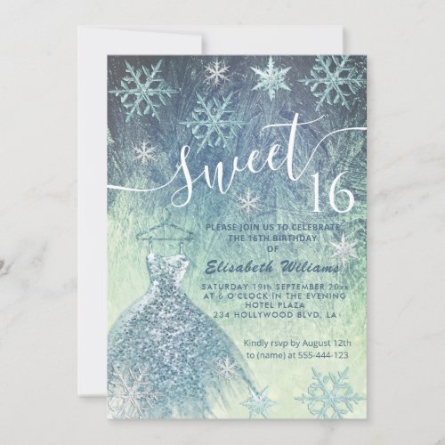 Winter wonderland blue dress glittery ombre invitation