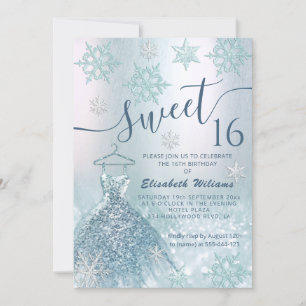 Winter wonderland blue dress glittery ombre invitation