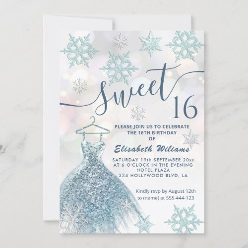 Winter wonderland blue dress glittery ombre invitation