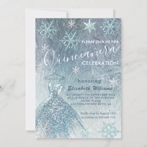 Winter wonderland blue dress glittery Quinceaera Invitation