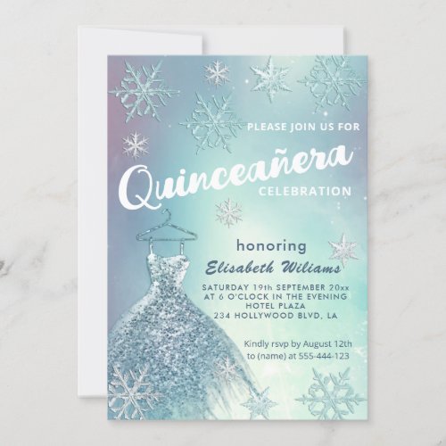 Winter wonderland blue dress glittery Quinceaera  Invitation