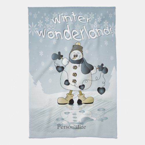 Winter Wonderland Blue Heart Snowmen Kitchen Towel