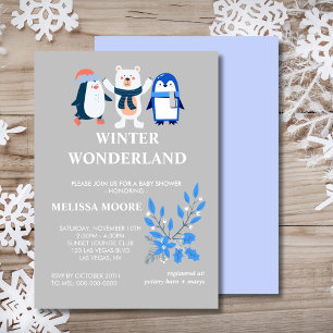 Winter wonderland blue penguin polar bear invitation