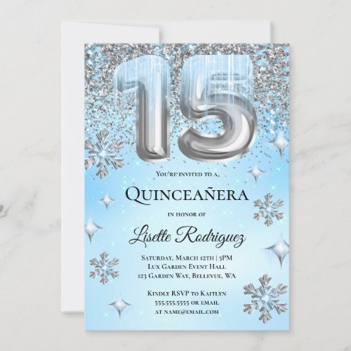 Winter Wonderland Blue Silver Balloons Quinceanera Invitation