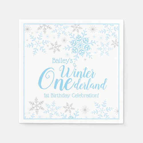 Winter Wonderland Blue Silver Glitter 1st Birthday Napkins