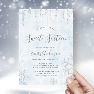 Winter Wonderland Blue Silver Snow Ice Sweet 16 Invitation