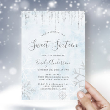 Winter Wonderland Blue Silver Snow Ice Sweet 16 Invitation by MaggieMart at Zazzle