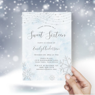 Winter Wonderland Blue Silver Snowflake Sweet 16 Invitation