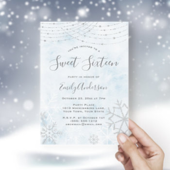 Winter Wonderland Blue Silver Snowflake Sweet 16 Invitation by MaggieMart at Zazzle