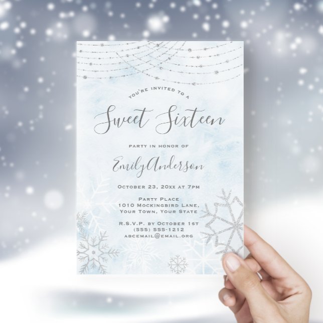 Winter Wonderland Blue Silver Snowflake Sweet 16 Invitation