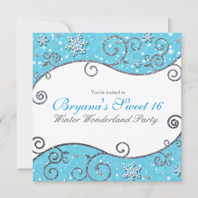 Winter Wonderland Blue & Silver Swirls Bright Blue Invitation (Front)