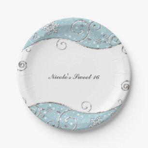 Winter Wonderland Blue & Silver Swirls Snowflakes Paper Plates