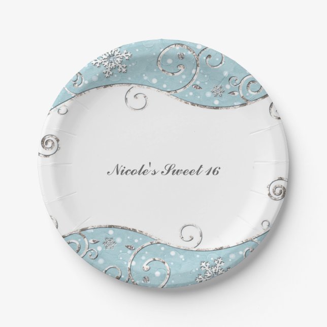 Winter Wonderland Blue & Silver Swirls Snowflakes Paper Plates (Front)