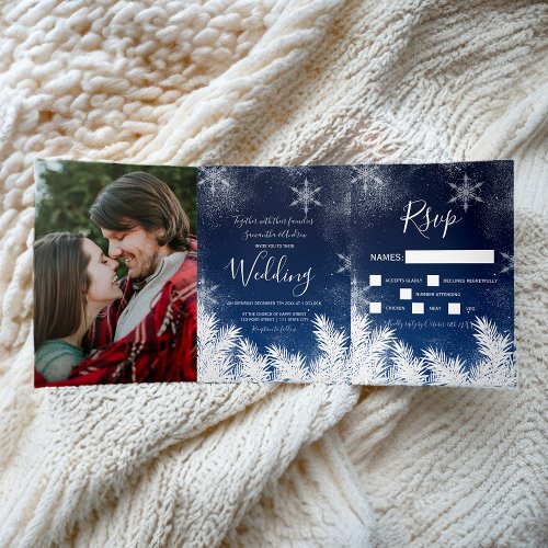 Winter wonderland blue snow typography wedding Tri_Fold invitation