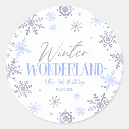 Winter Wonderland Blue Snowflake Birthday Party Classic Round Sticker