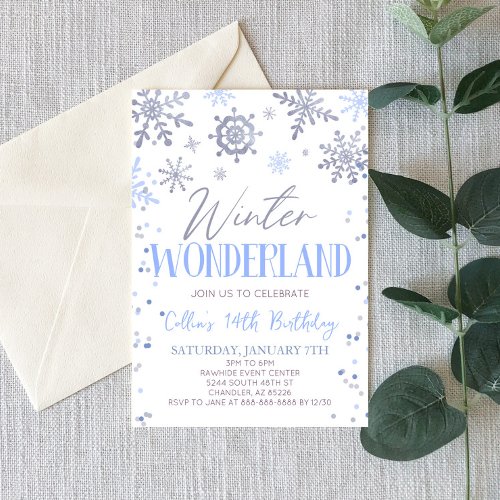 Winter Wonderland Blue Snowflake Birthday Party Invitation