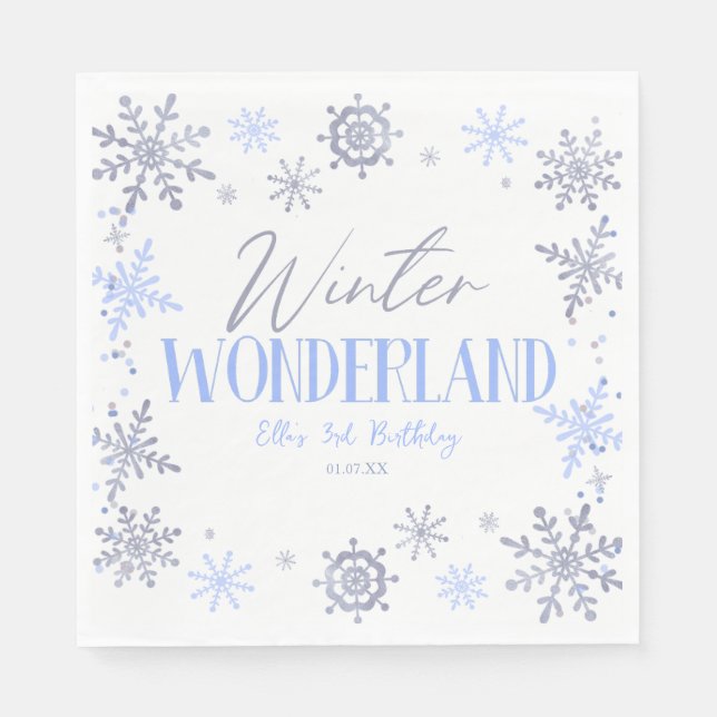 Winter Wonderland Blue Snowflake Birthday Party Napkins (Front)