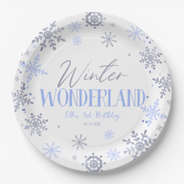 Winter Wonderland Blue Snowflake Birthday Party Paper Plates (Front)