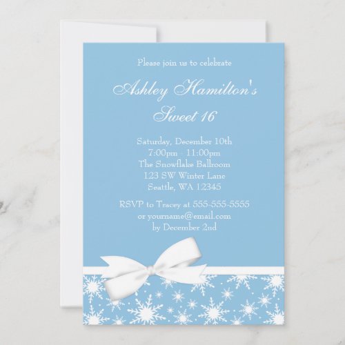 Winter Wonderland Blue Snowflake Bow Sweet 16 Announcements