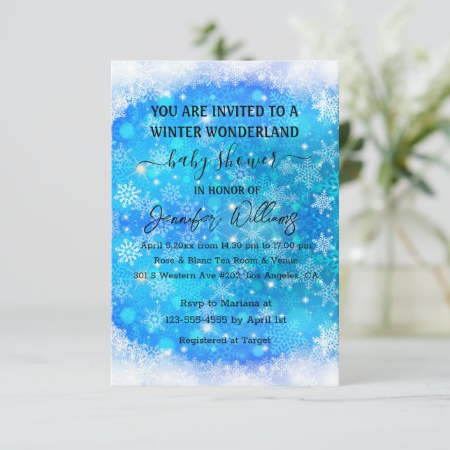 winter wonderland blue snowflakes baby shower   invitation (Standing Front)