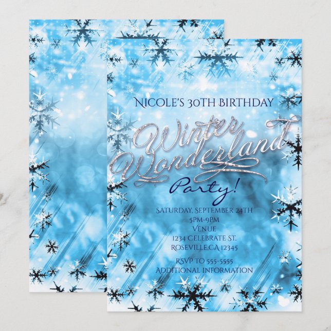 Winter Wonderland Blue Snowflakes Party Invitation (Front/Back)