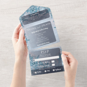 Winter Wonderland Blue Snowflakes Wedding All In One Invitation
