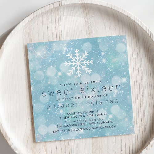 Winter Wonderland Blue Snowy Bokeh Sweet Sixteen Invitation