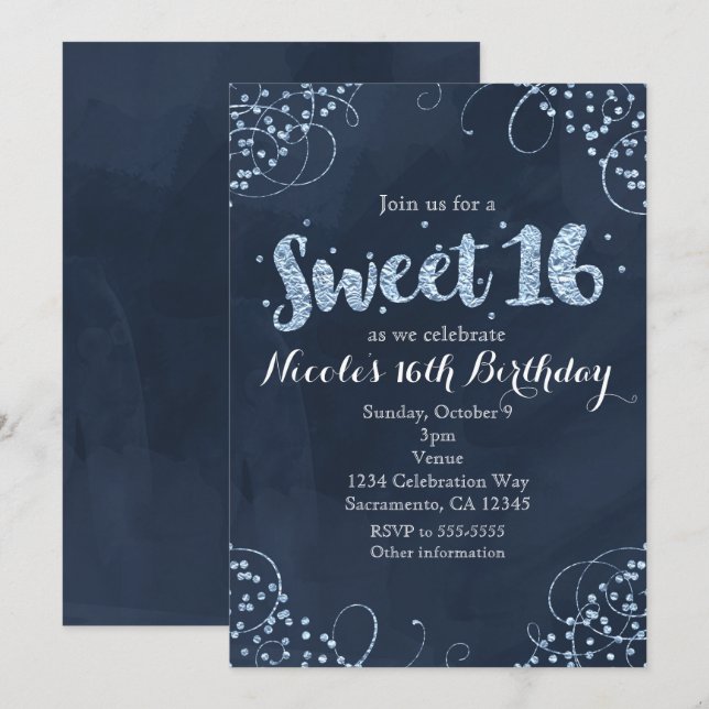 Winter Wonderland Blue Sweet 16 Party Invitations (Front/Back)