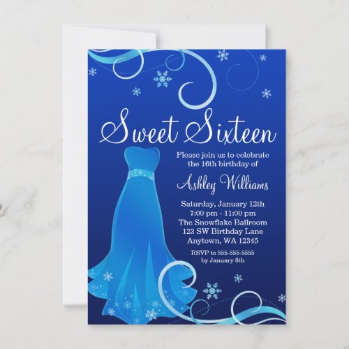 Winter Wonderland Blue Swirl Dress Sweet 16 Invitation