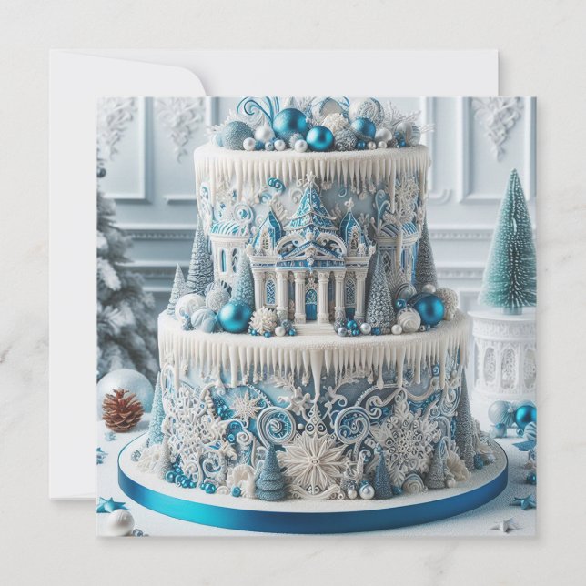 WINTER WONDERLAND BLUE & WHITE BIRTHDAY CAKE CARD (Front)