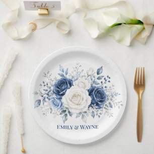 Winter Wonderland Blue & White Rose Wedding Paper Plates