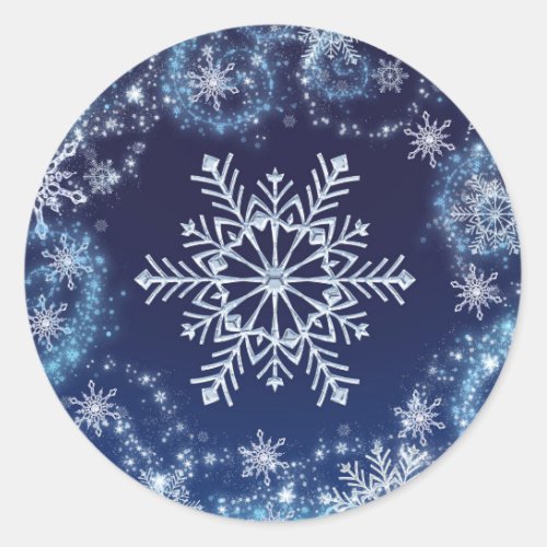 Winter Wonderland Blue  White Snowflakes Favor Classic Round Sticker