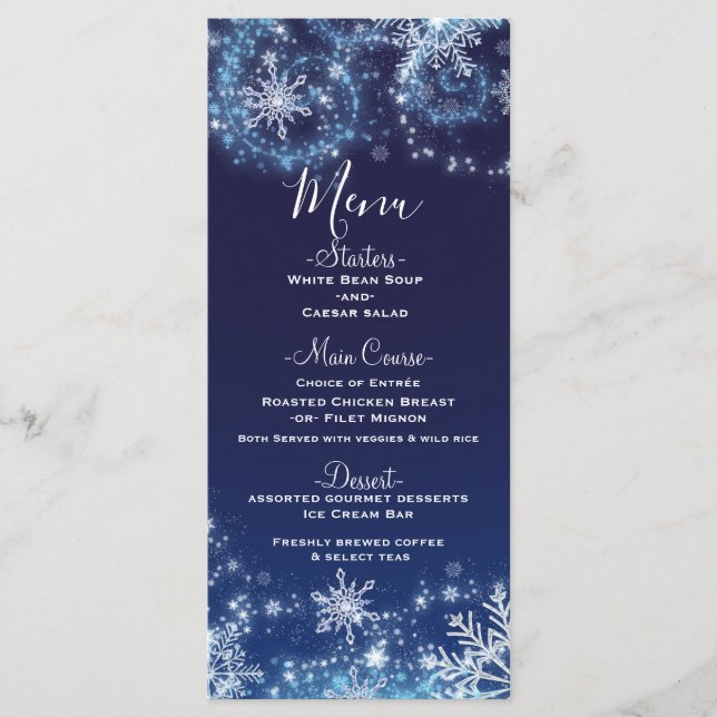 Winter Wonderland Blue & White Snowflakes Menu (Front)