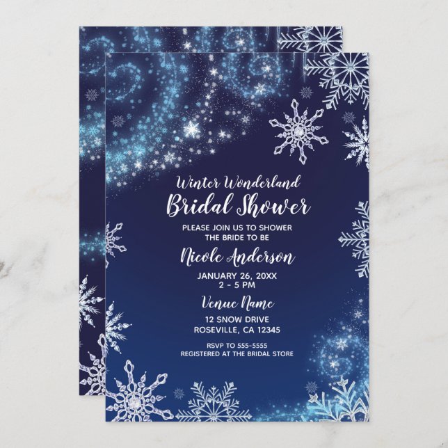 Winter Wonderland Blue & White Sparkle Snowflakes Invitation (Front/Back)