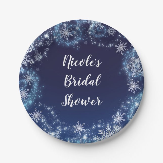 Winter Wonderland Blue & White Sparkle Snowflakes Paper Plates (Front)