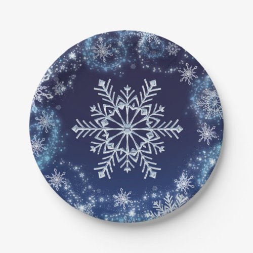 Winter Wonderland Blue  White Sparkle Snowflakes Paper Plates