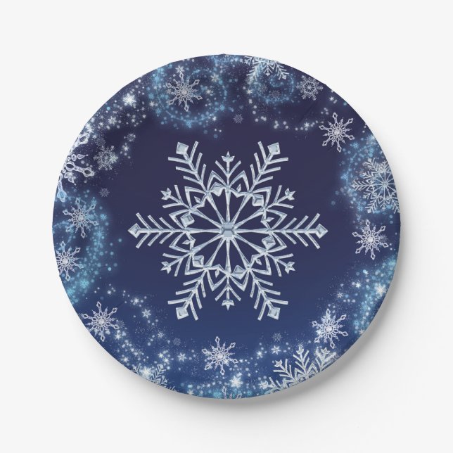 Winter Wonderland Blue & White Sparkle Snowflakes Paper Plates (Front)