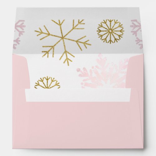 Winter Wonderland Blush Pink and Gold Snowflake Envelope