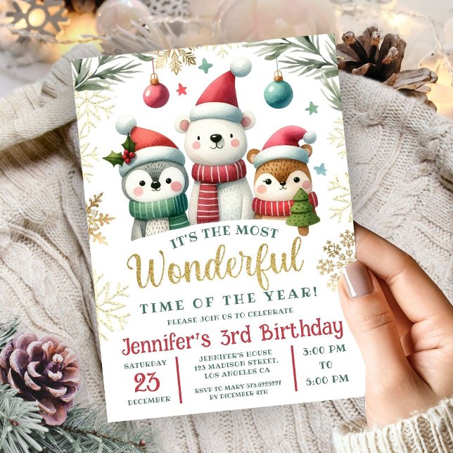 Winter Wonderland Boho Snow Animals 3rd Birthday Invitation (Creator Uploaded)