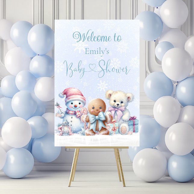 Winter Wonderland Boy Baby Shower Welcome Sign (Boy winter baby shower welcome sign with cute snowman, gingerbread cookie, teddy bear and blue snow.)