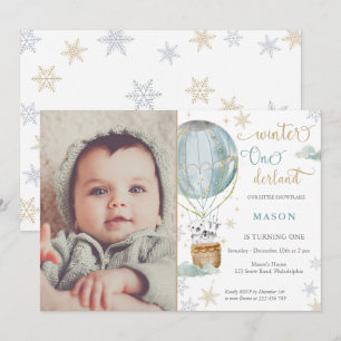 Winter Wonderland Boy first Birthday Photo Invitation
