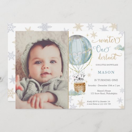 Winter Wonderland Boy first Birthday Photo Invitation