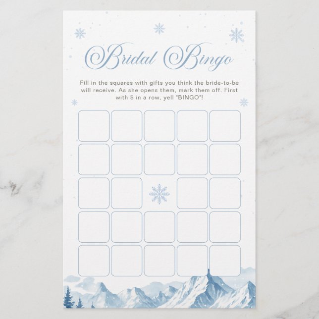 Winter Wonderland Bridal Shower Bingo Game (Front)