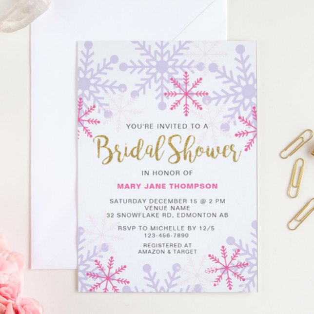 Winter Wonderland Bridal Shower Pink Glitter Gold Invitation (Creator Uploaded)